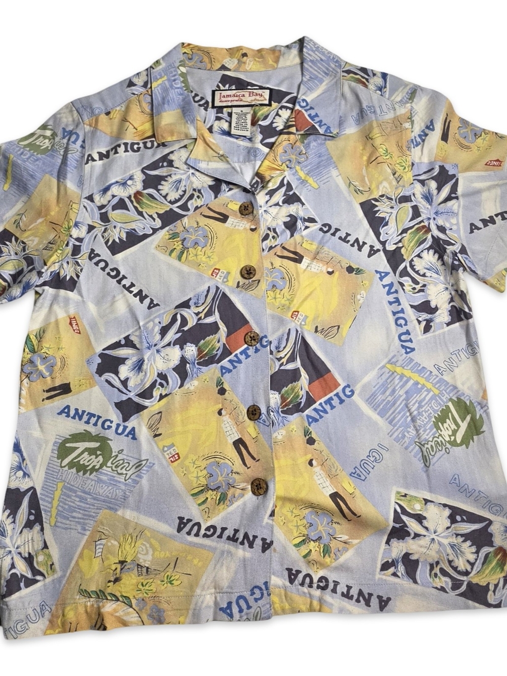 Vintage Jamaica Bay Antigua Tropical Postcard Hawaiian Camp Shirt Rayon Resort S - Picture 1 of 8